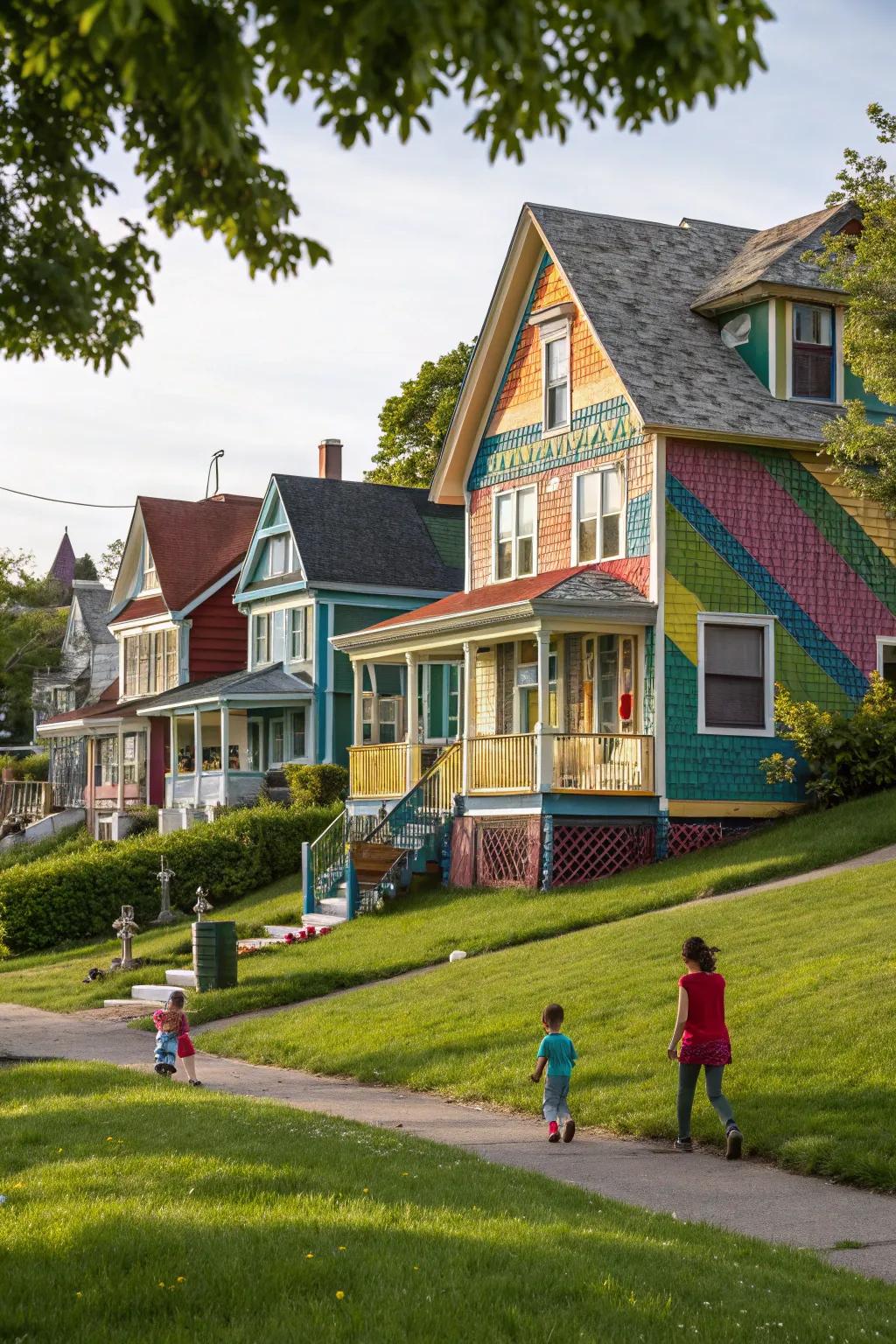 Painted shingle cladding adds a playful element.