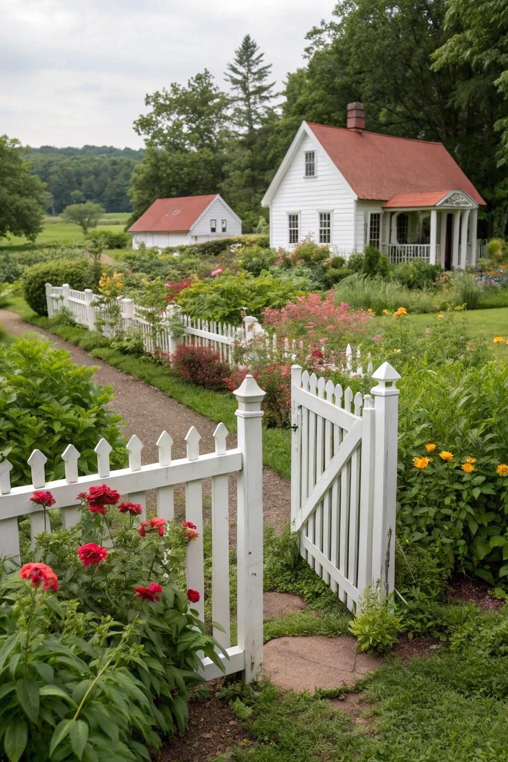A classic white picket barrier introducing timeless charm.