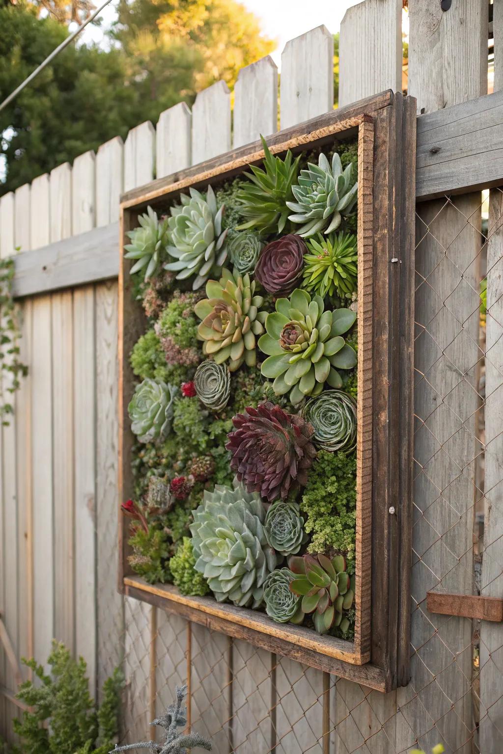 Verdant wall art transforms a fence into a unique, eye-catching piece.