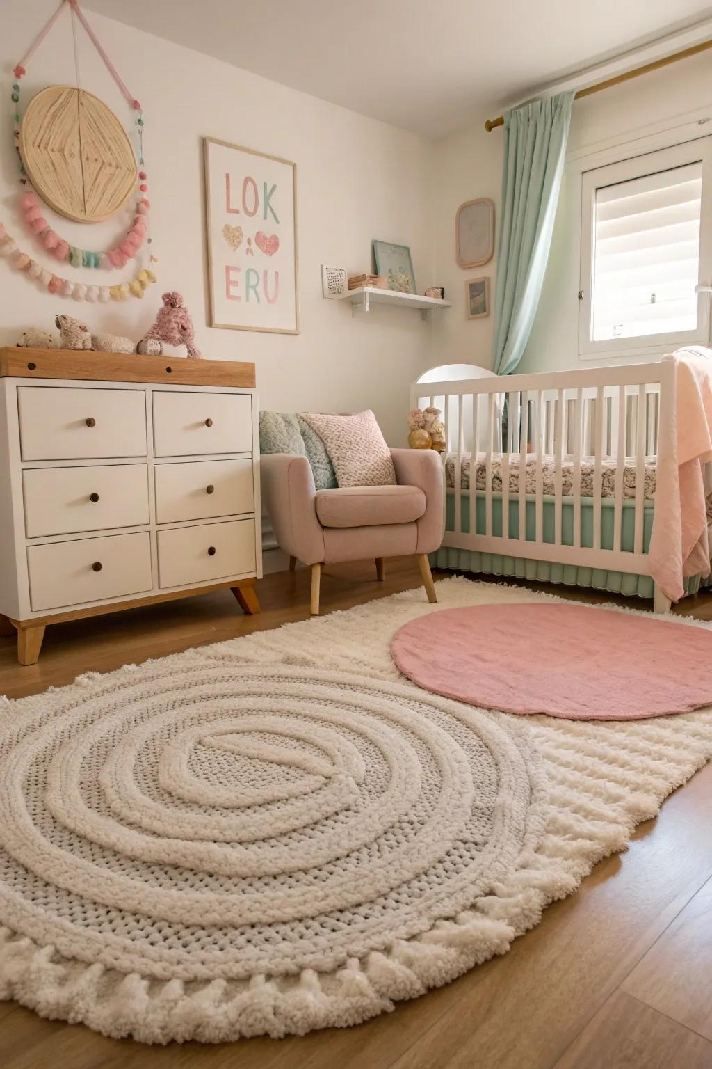 A textured floor covering injects warmth and demarcates the baby's room's area.