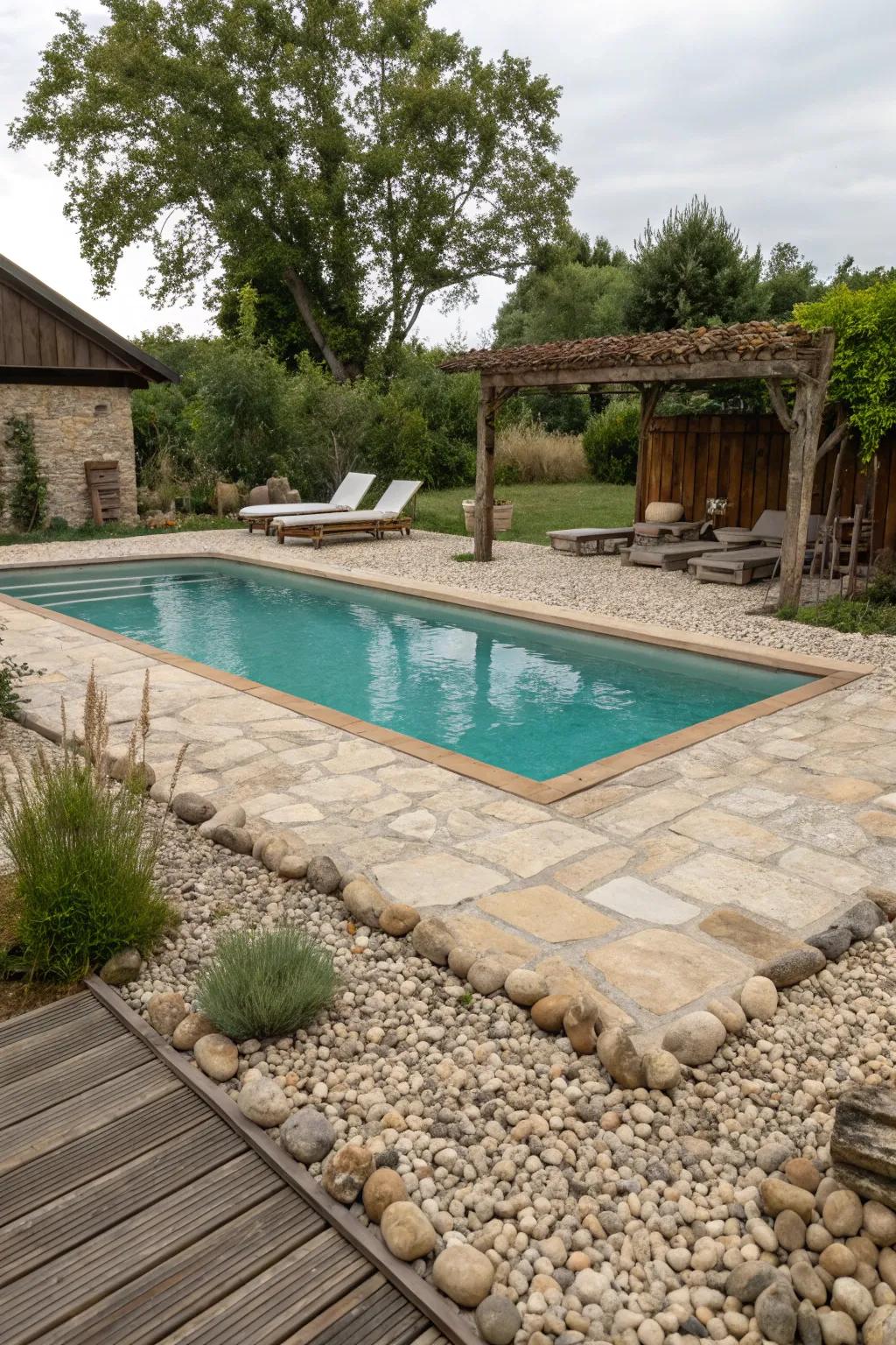 Small gravel adding texture and rustic charm to the poolside.