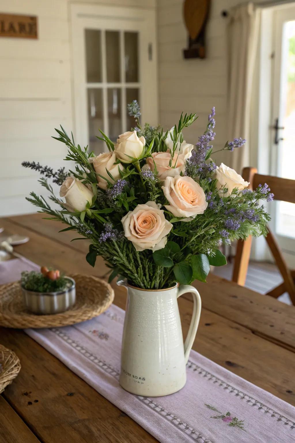 Roses enhanced with fragrant plants yielding a gratifying scent.