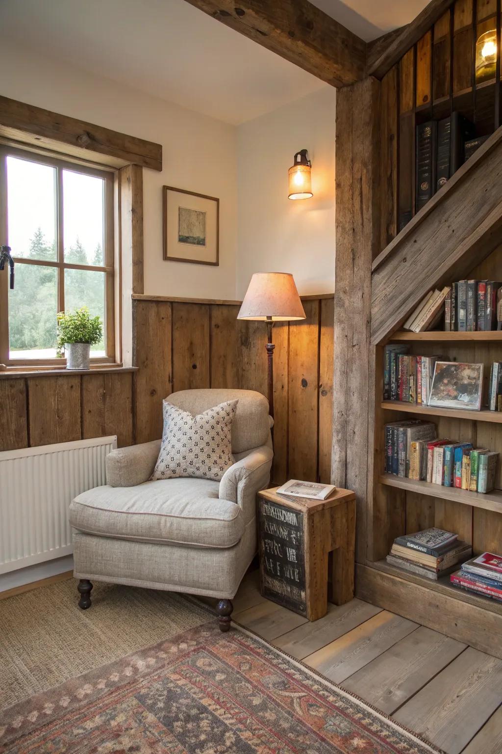 Weathered wooden baseboards add provincial appeal to perusing spaces.