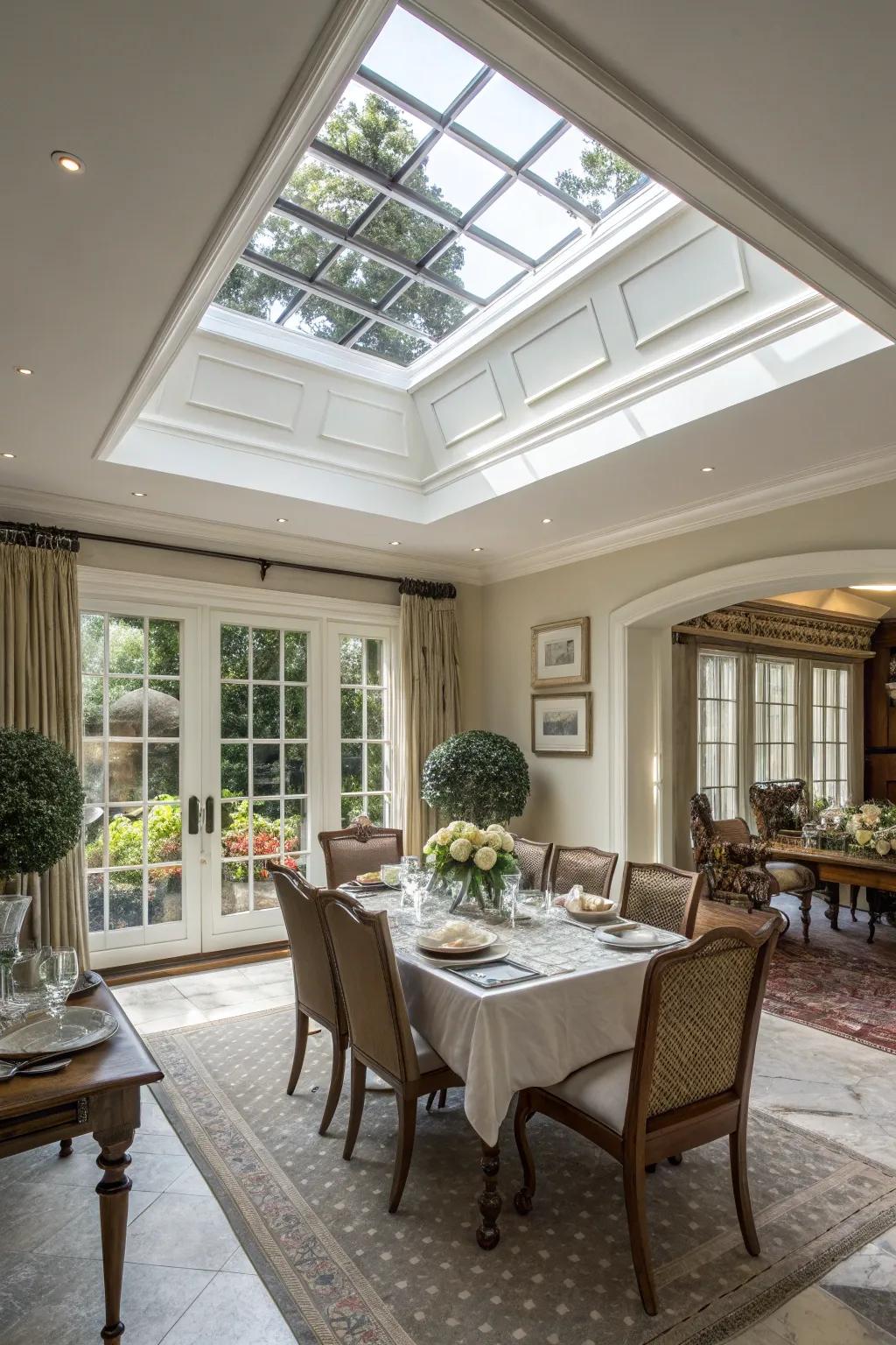 A dining space featuring a skylight with big trim.