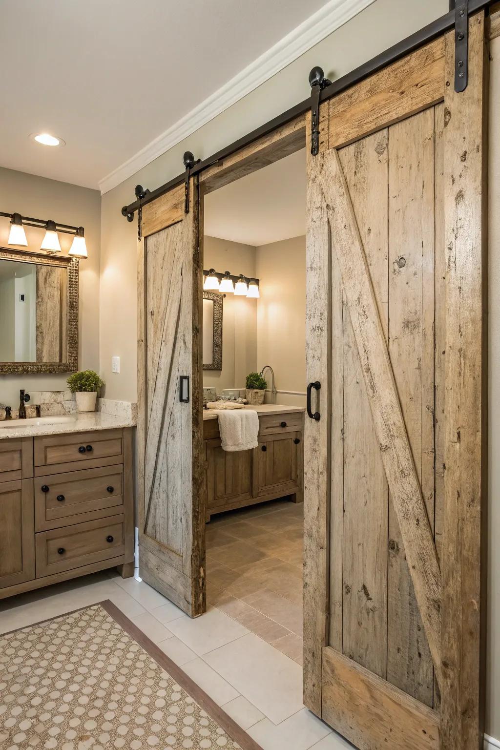 Worn wood moving doors bring old-time charm to this different bathroom.