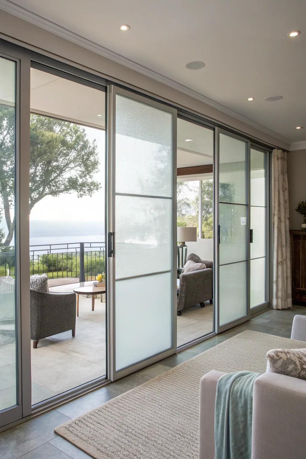 Iced glass overlay delivers seclusion while retaining luminosity.