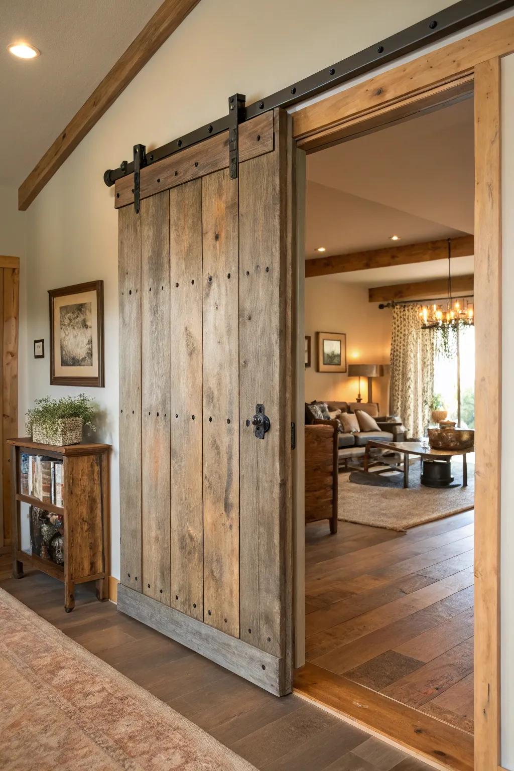 An eco-friendly sliding door made from reclaimed wood enhances this room.
