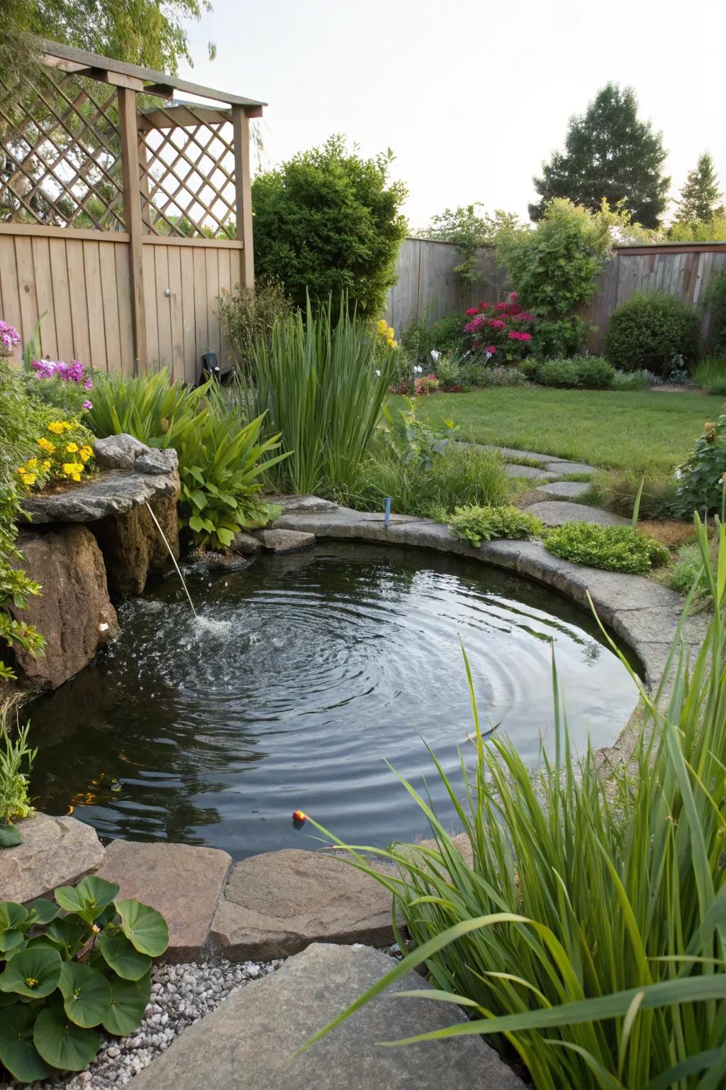 A corner pond turns a vacant area into a relaxing retreat.