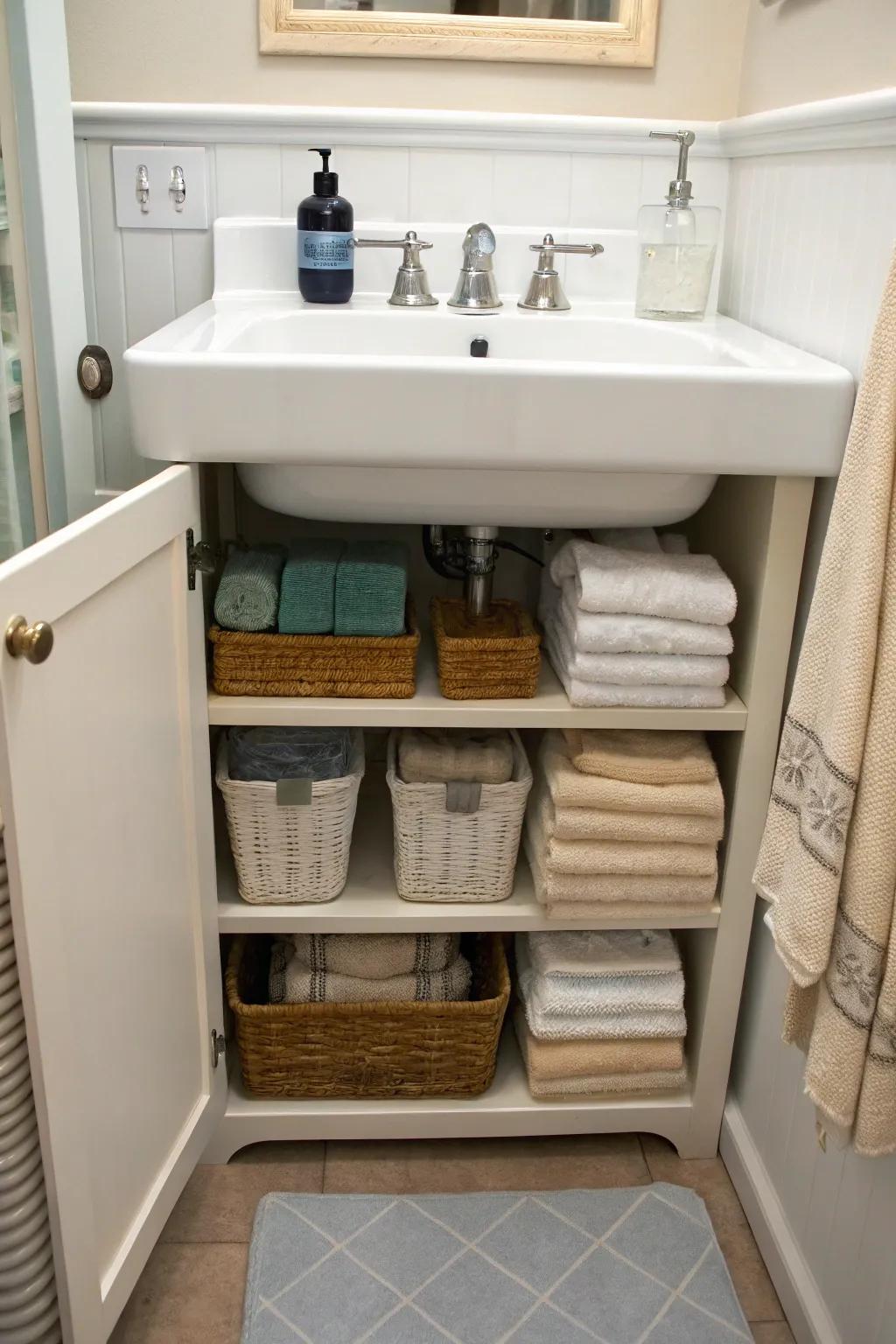 Under-sink organizers keep towels concealed yet accessible.
