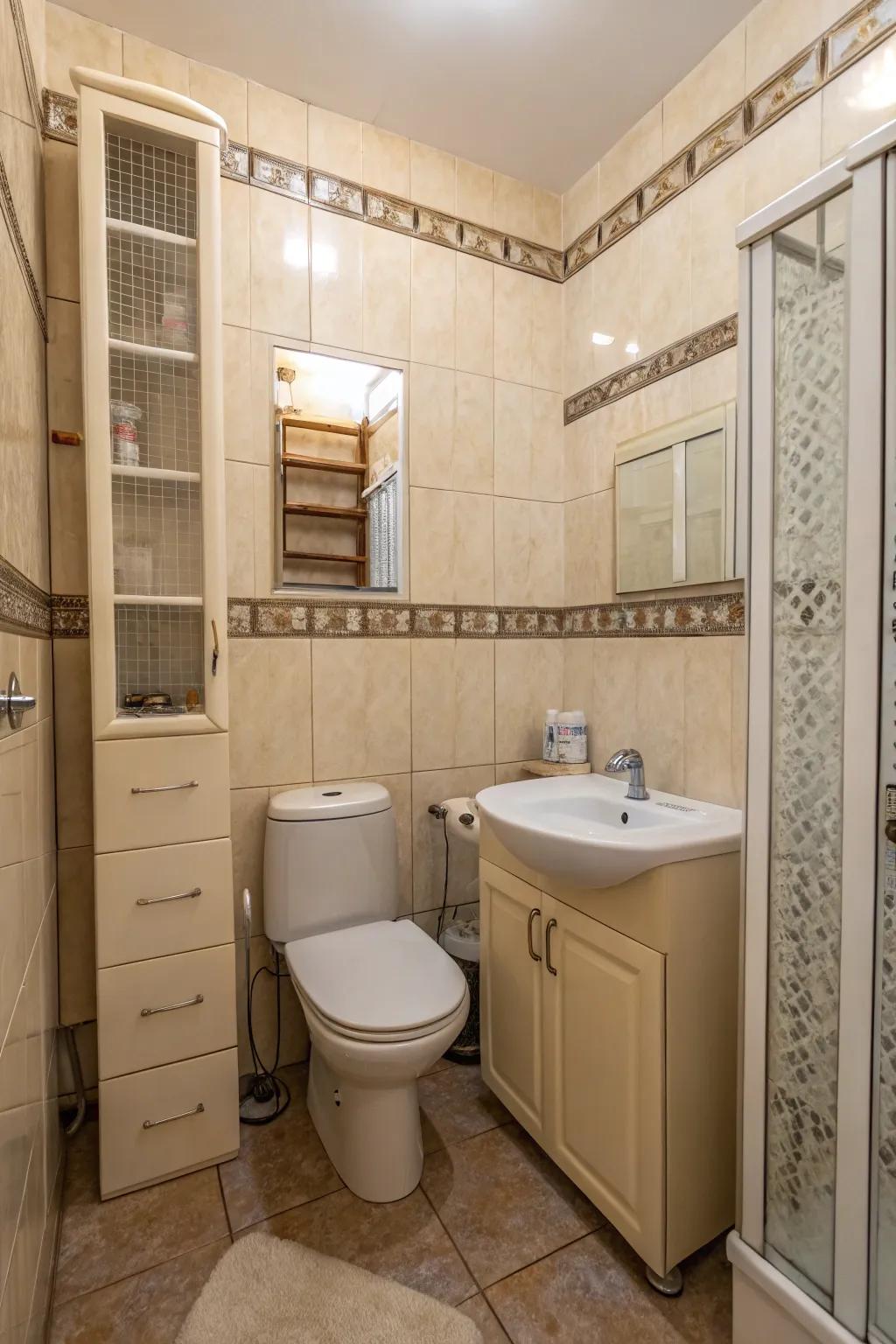 A vertically enhanced small bathroom design.