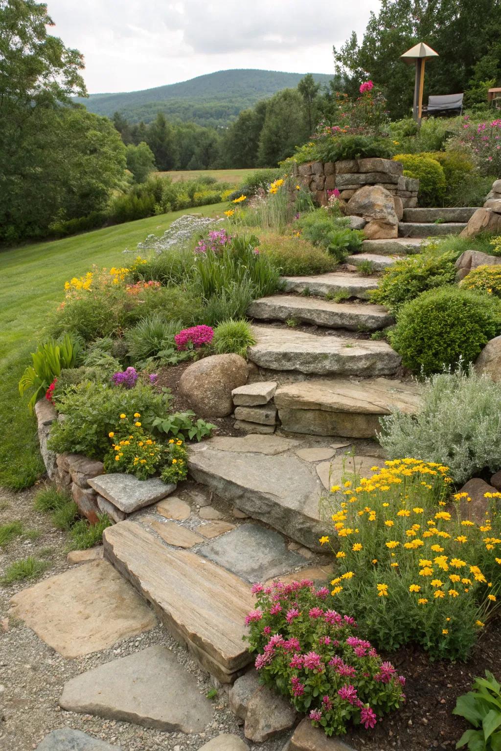 Native stone steps provide a pathway through the rockery.