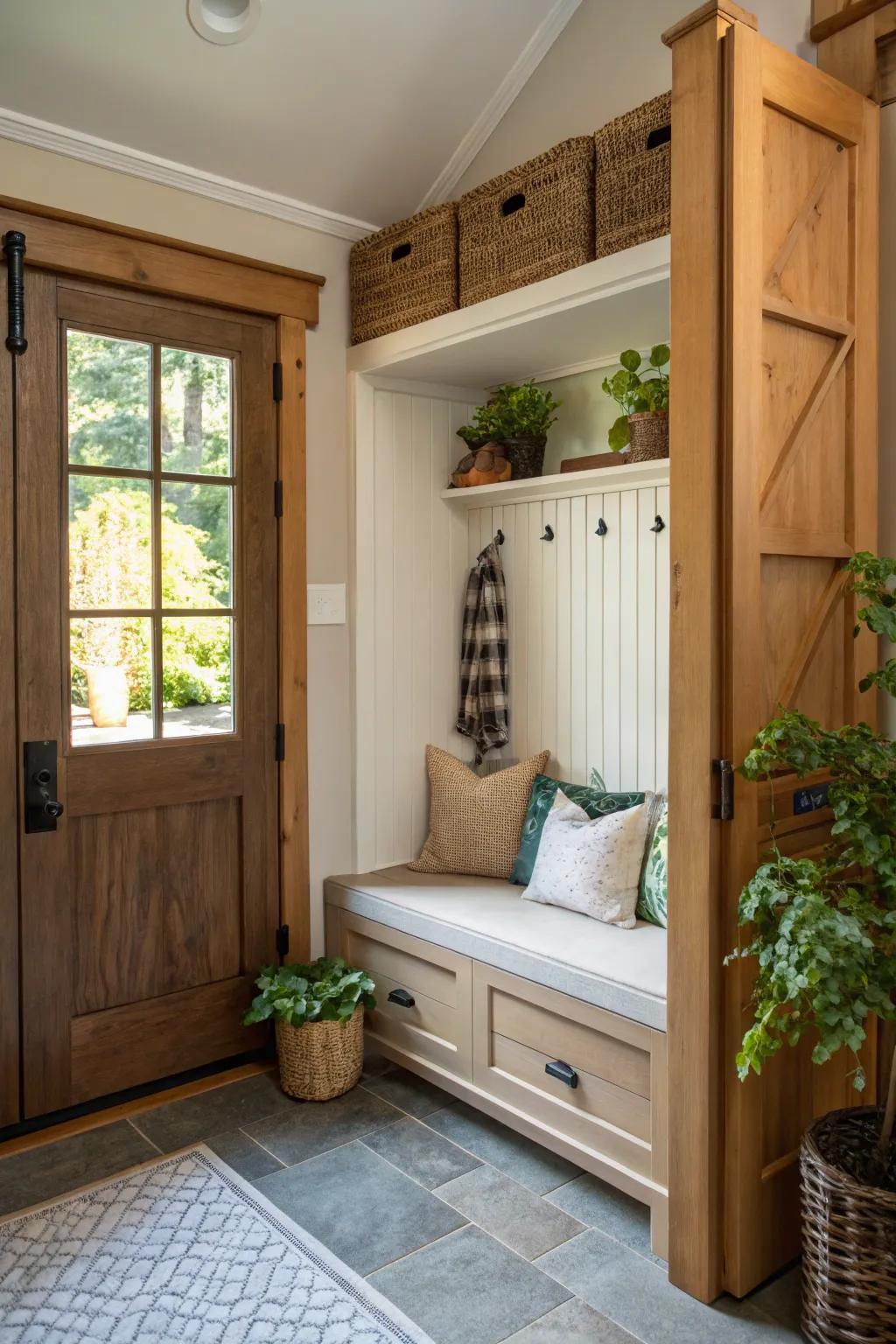 Built-in storage solutions maximize functionality inside this entryway.