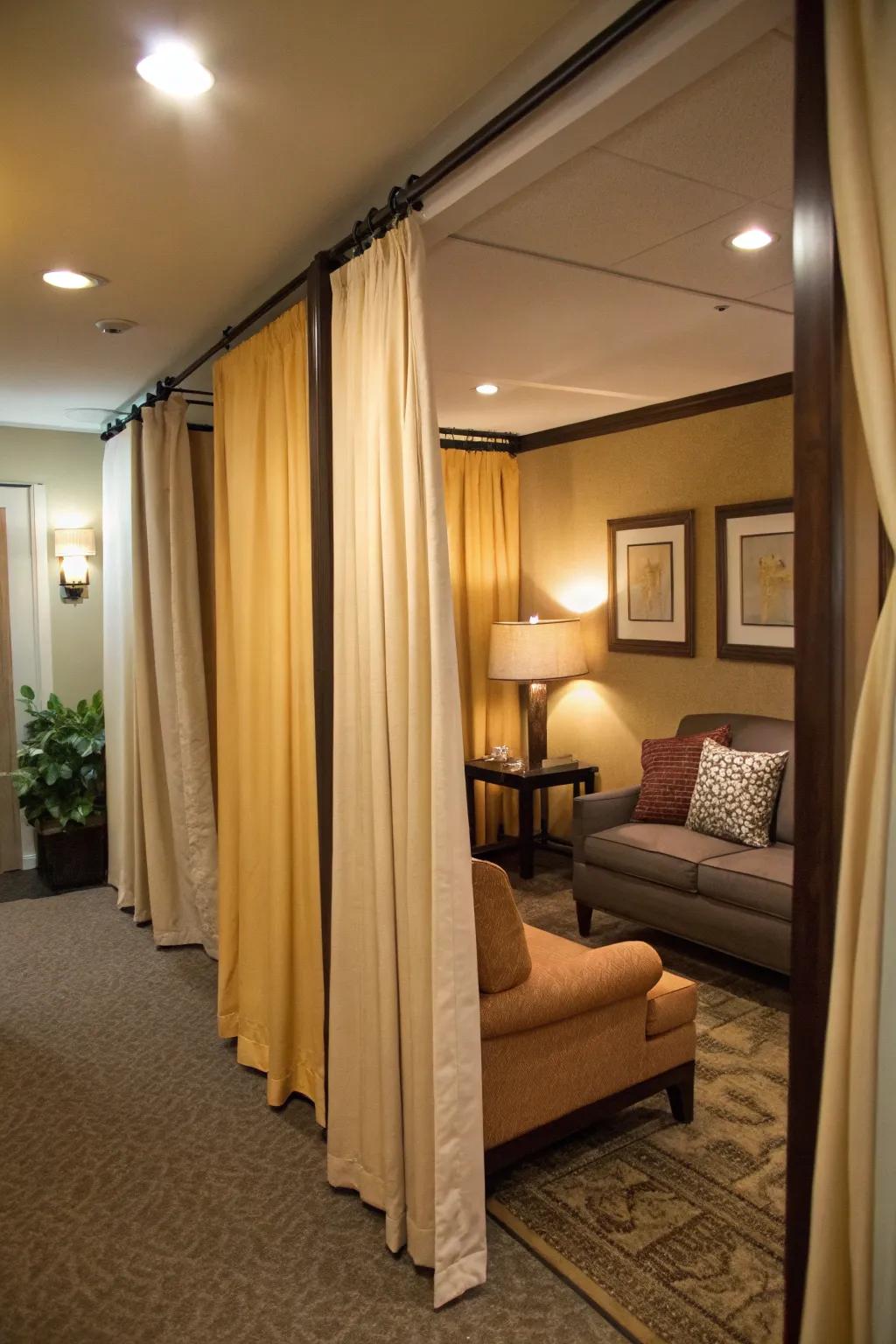 Drapes create zones for multifunctionality in a hideout.