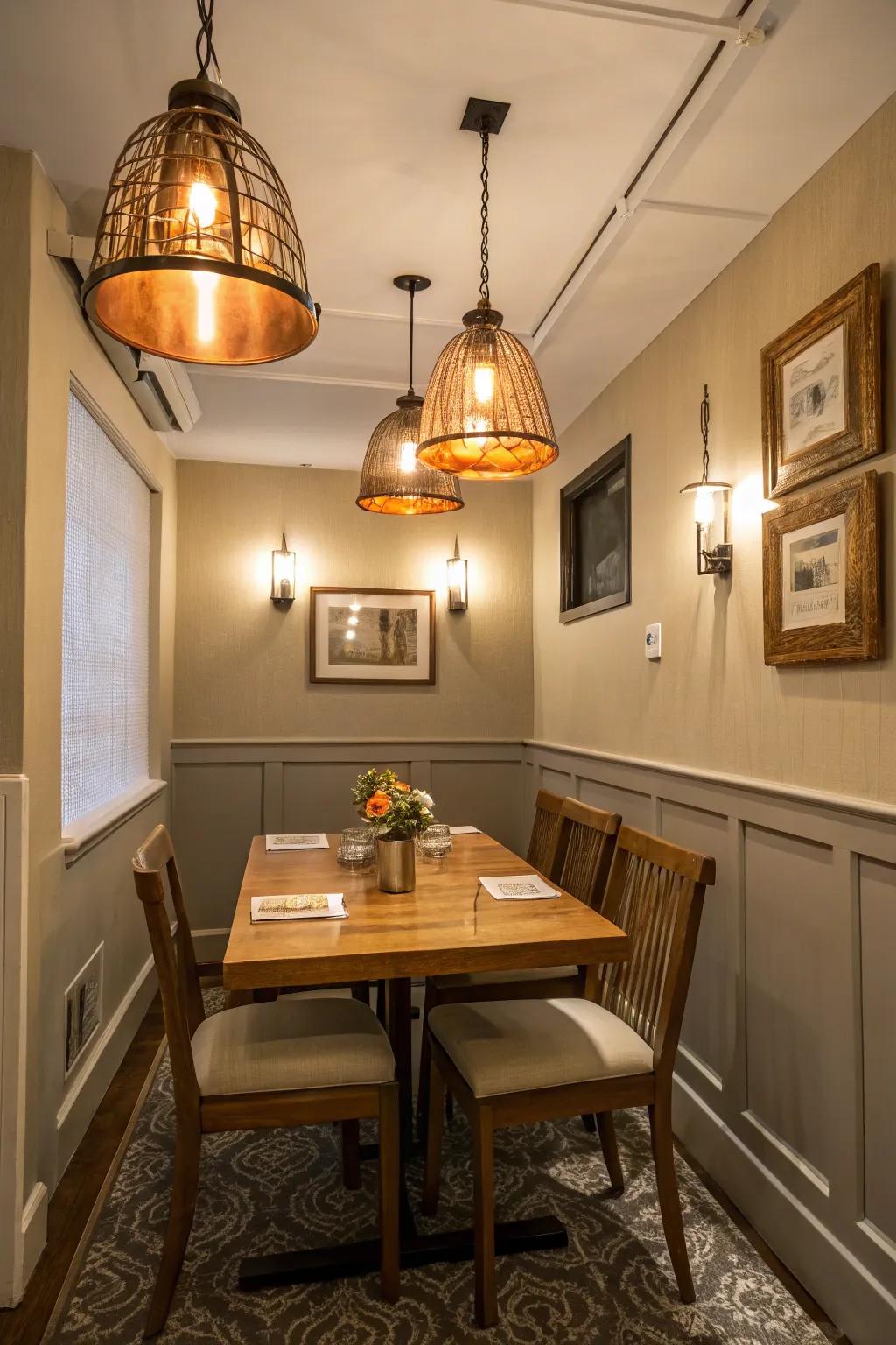 Warm metallic tones inject a cozy and welcoming glow into dining spaces.