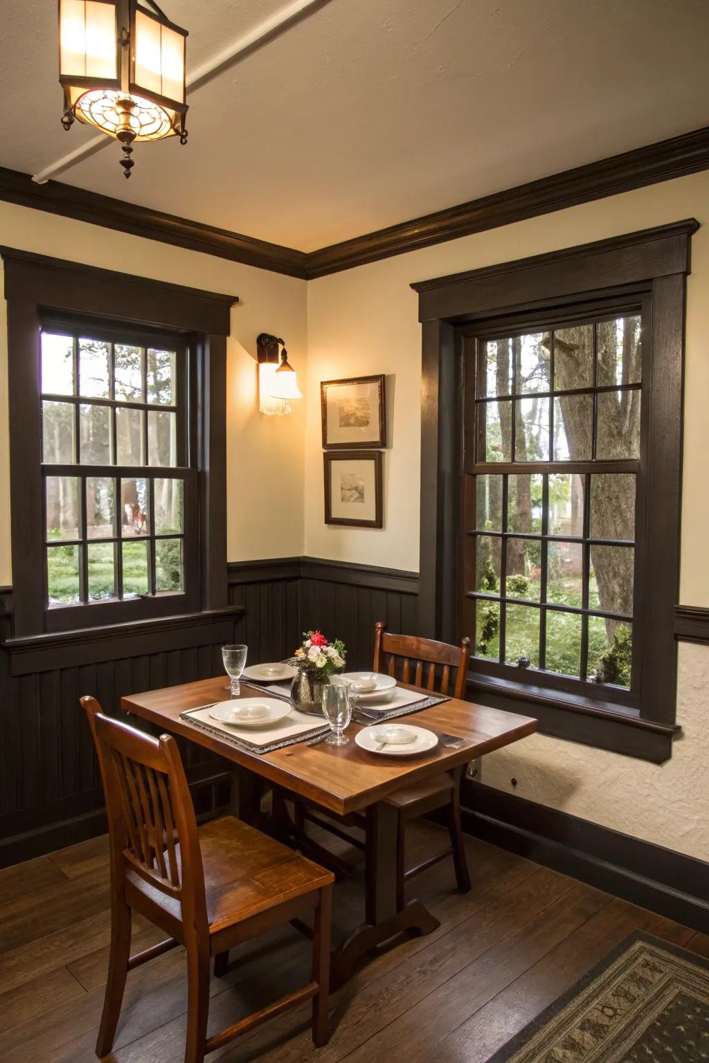 Dark window trim fosters an intimate and fashionable vibe.