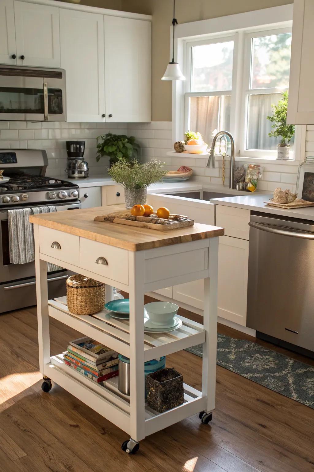 A rolling island infuses versatile countertop area into this compact kitchen.