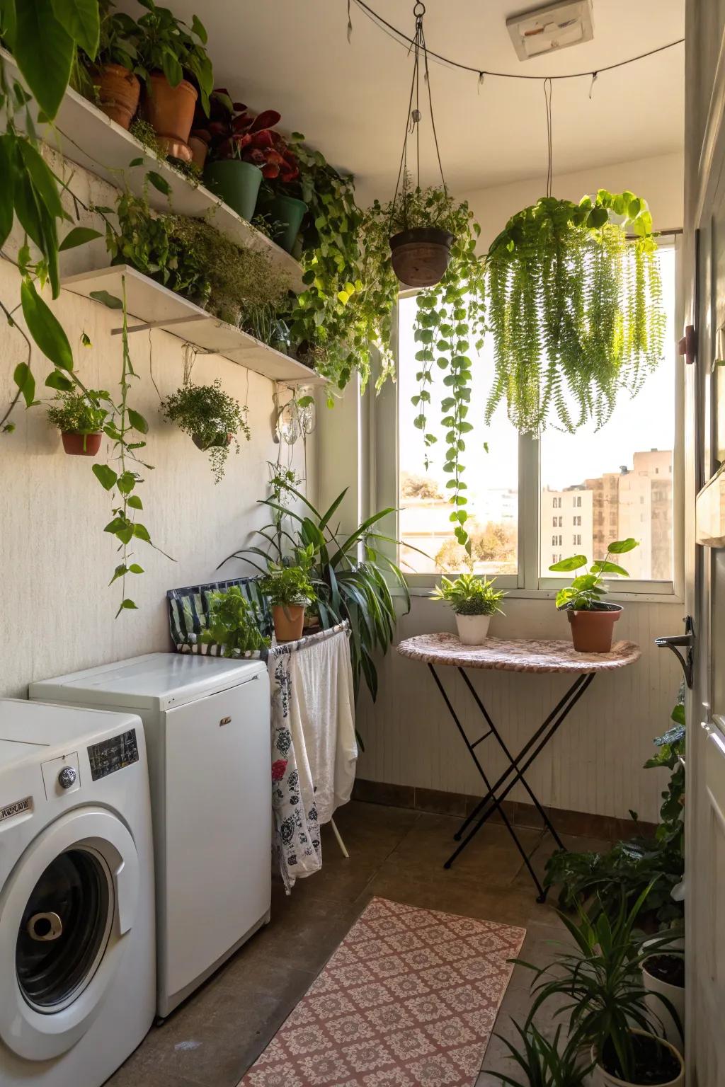 Incorporate freshness using suspended plants in your washing room.