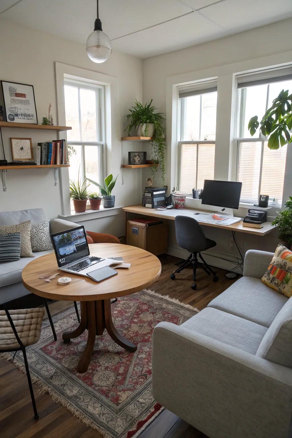 Specific areas enhance practicality in a small office.
