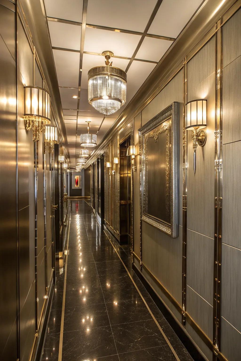 Metallic accents can add elegance and interest to your narrow hallway.