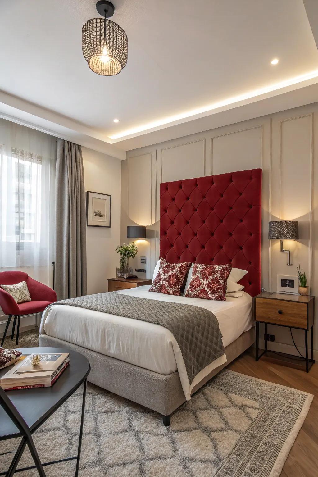 A bold scarlet headboard in a compact bedroom serves as a striking focal point.
