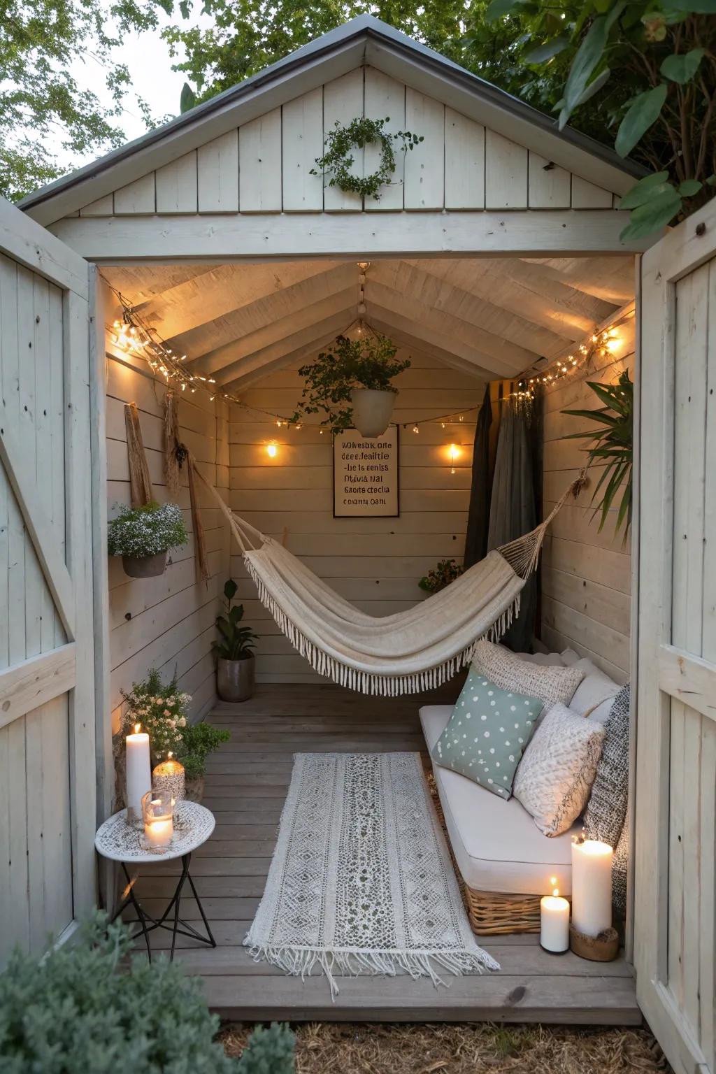 A peaceful tranquility zone inside a small shed.