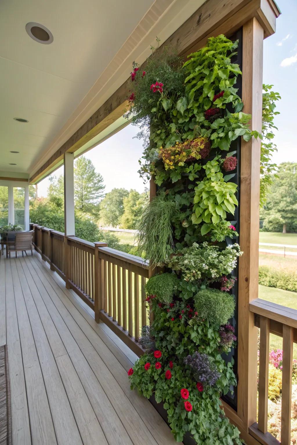 A side porch featuring a vibrant vertical garden of mixed plants.