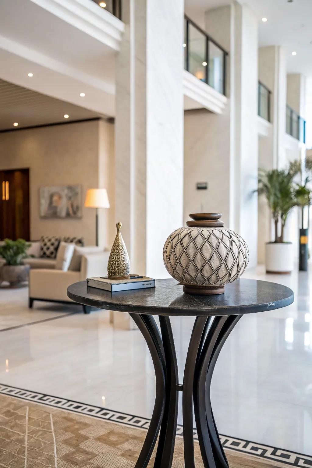 An audacious centerpiece anchors the side table aesthetic.