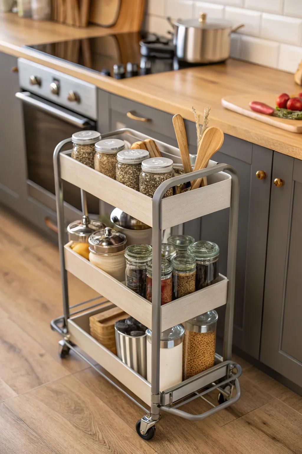A fashionable rolling trolley adds flexible storage to a kitchen.