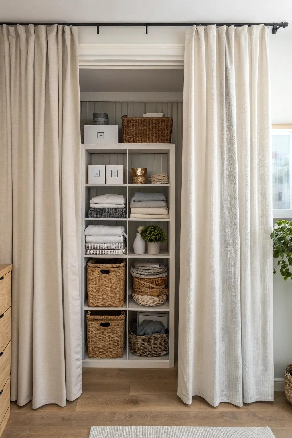 Curtains elegantly conceal storage.