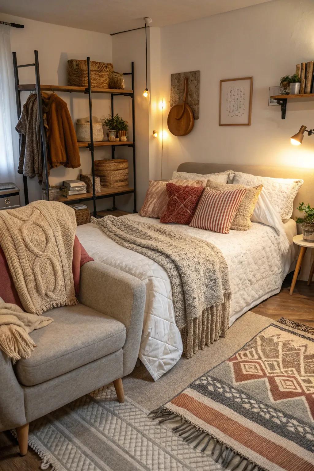 Layered fabrics create a warm and inviting atmosphere.