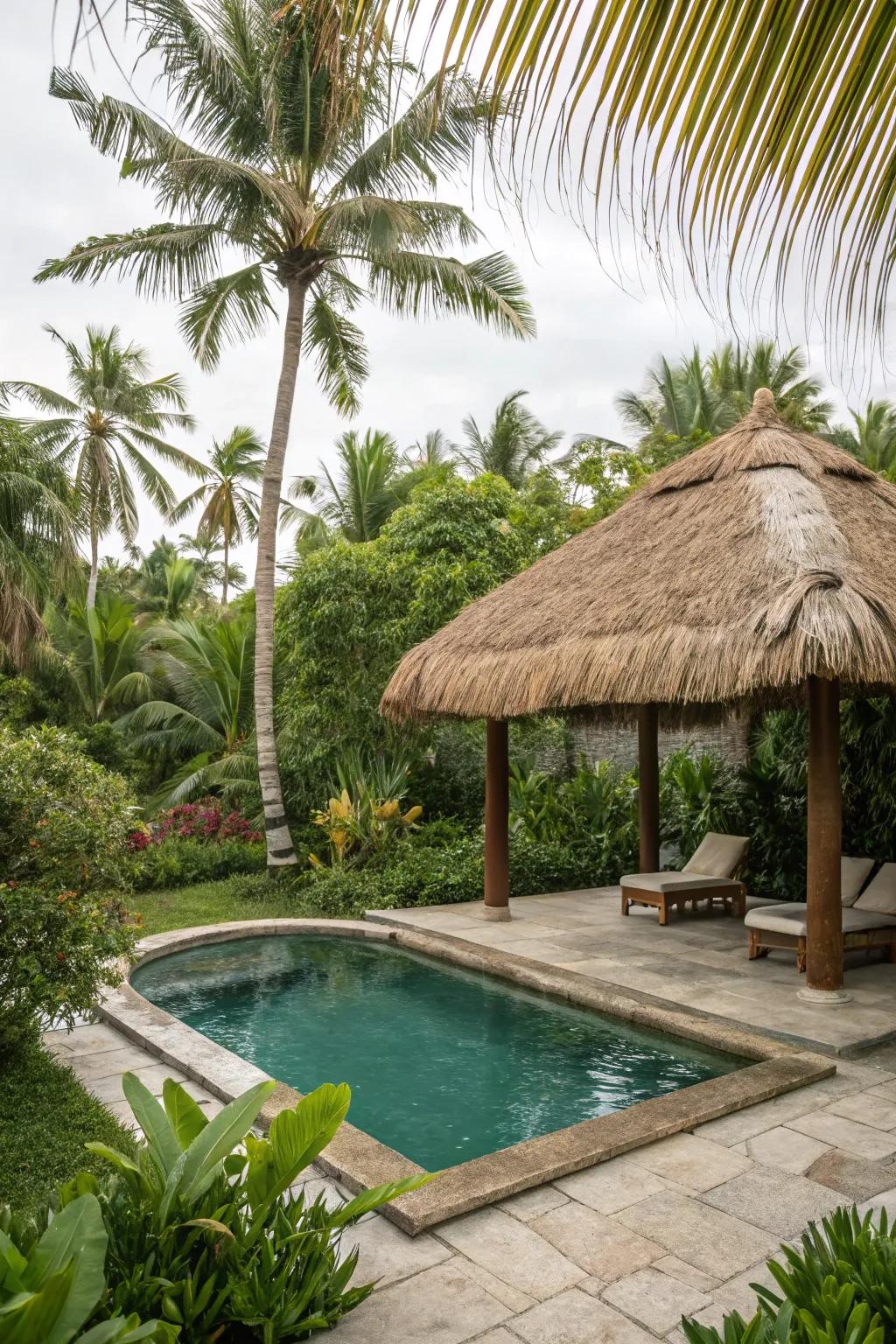 Thatched shade designs offer tropical style and essential shade.