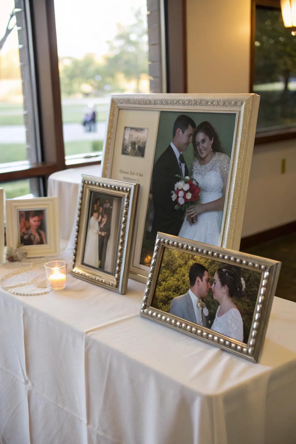 A nostalgic photo display chronicling the couple's journey together.