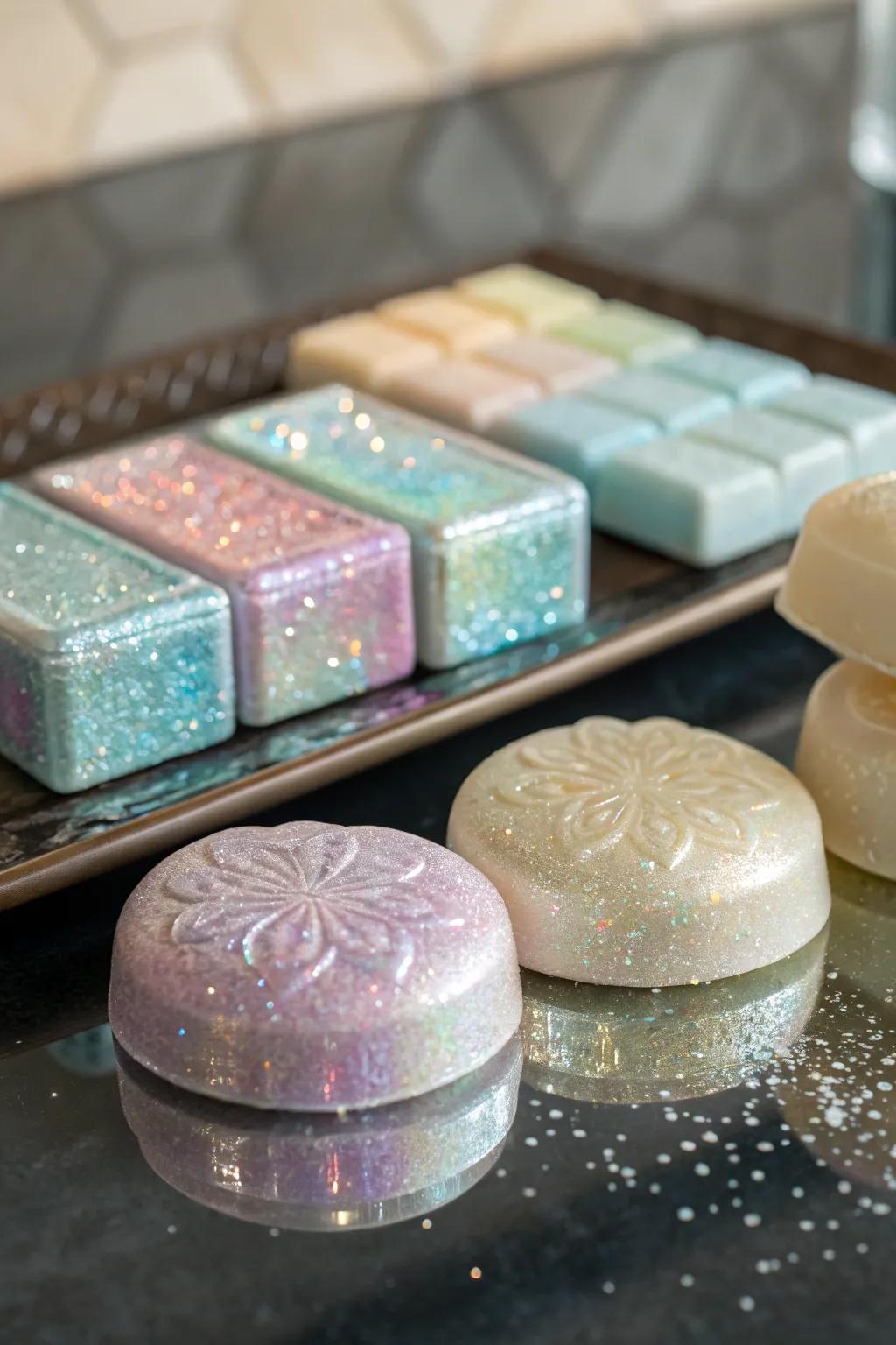 Luxurious bath bars with a captivating mica shimmer.