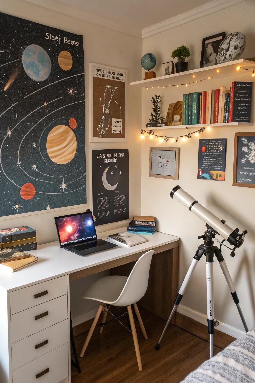 A cosmos-inspired study area inspires learning and creativity.