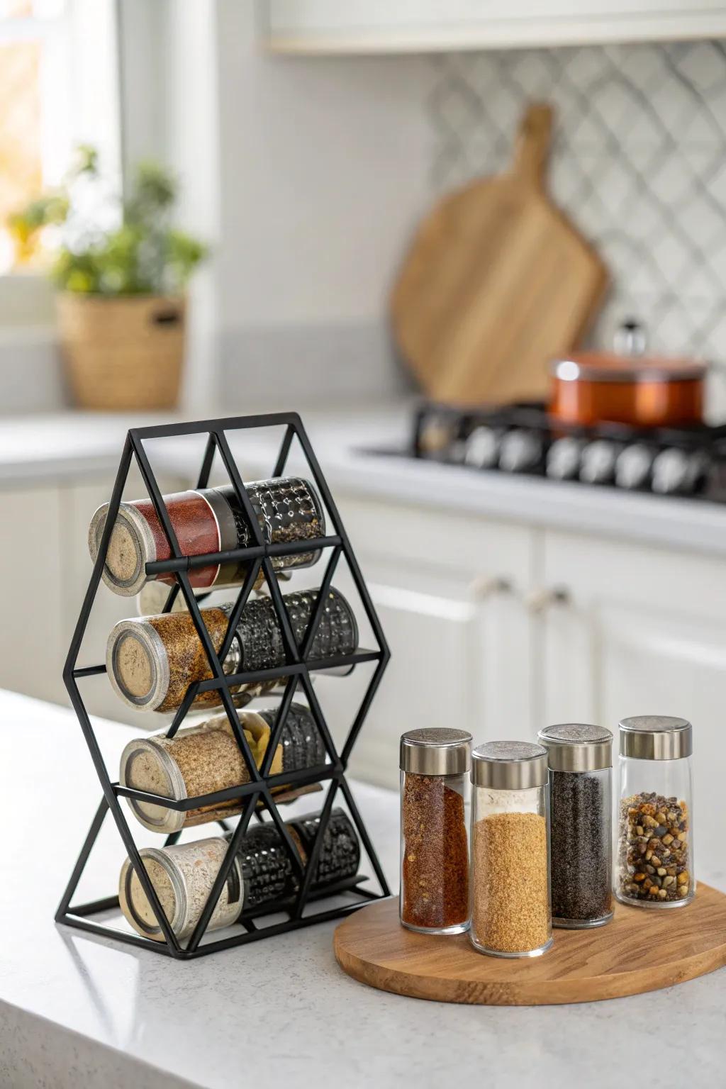 Lattice layout includes a contemporary touch to spice storage.