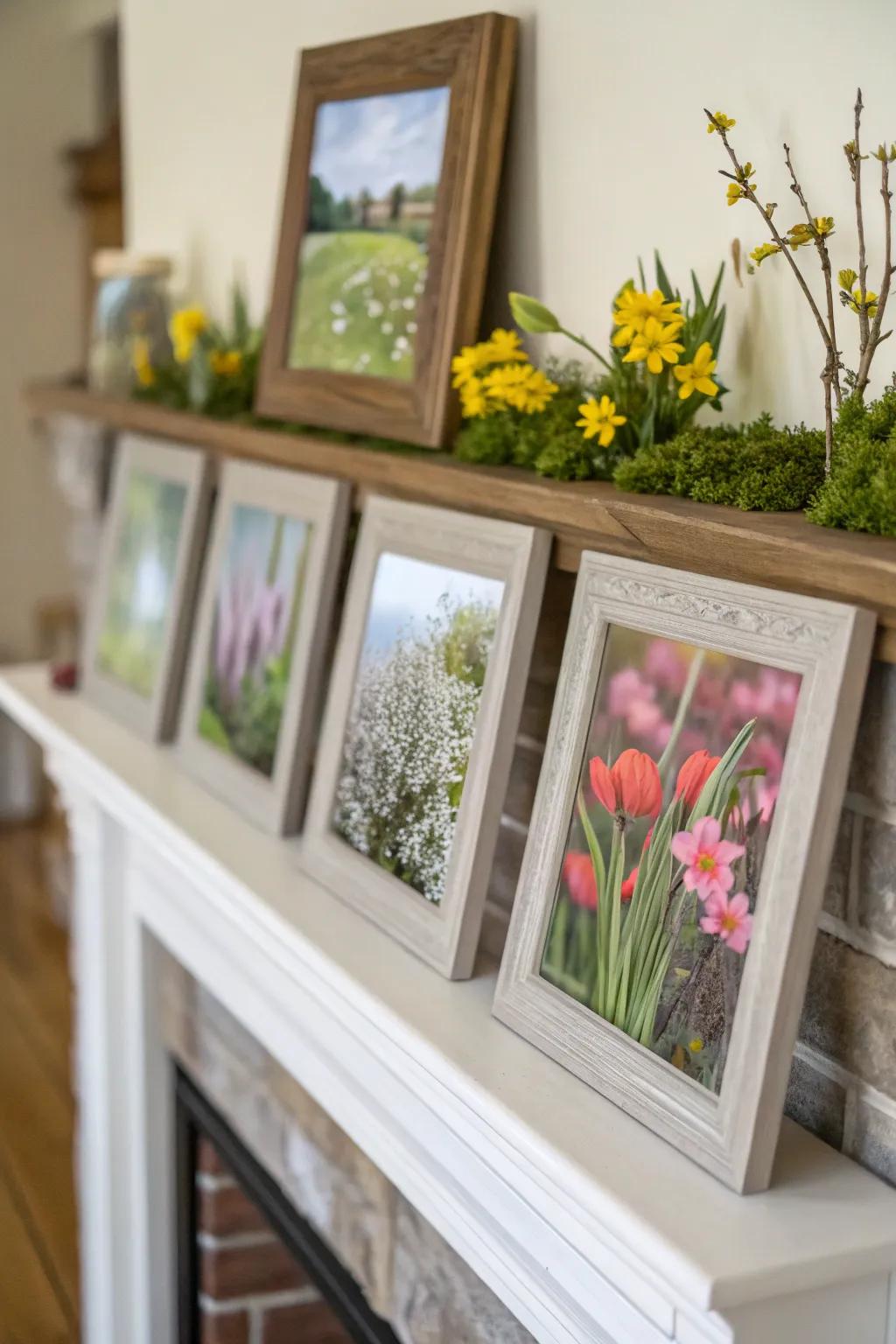 Assembled holders provide visual layering and personalization to the mantel.