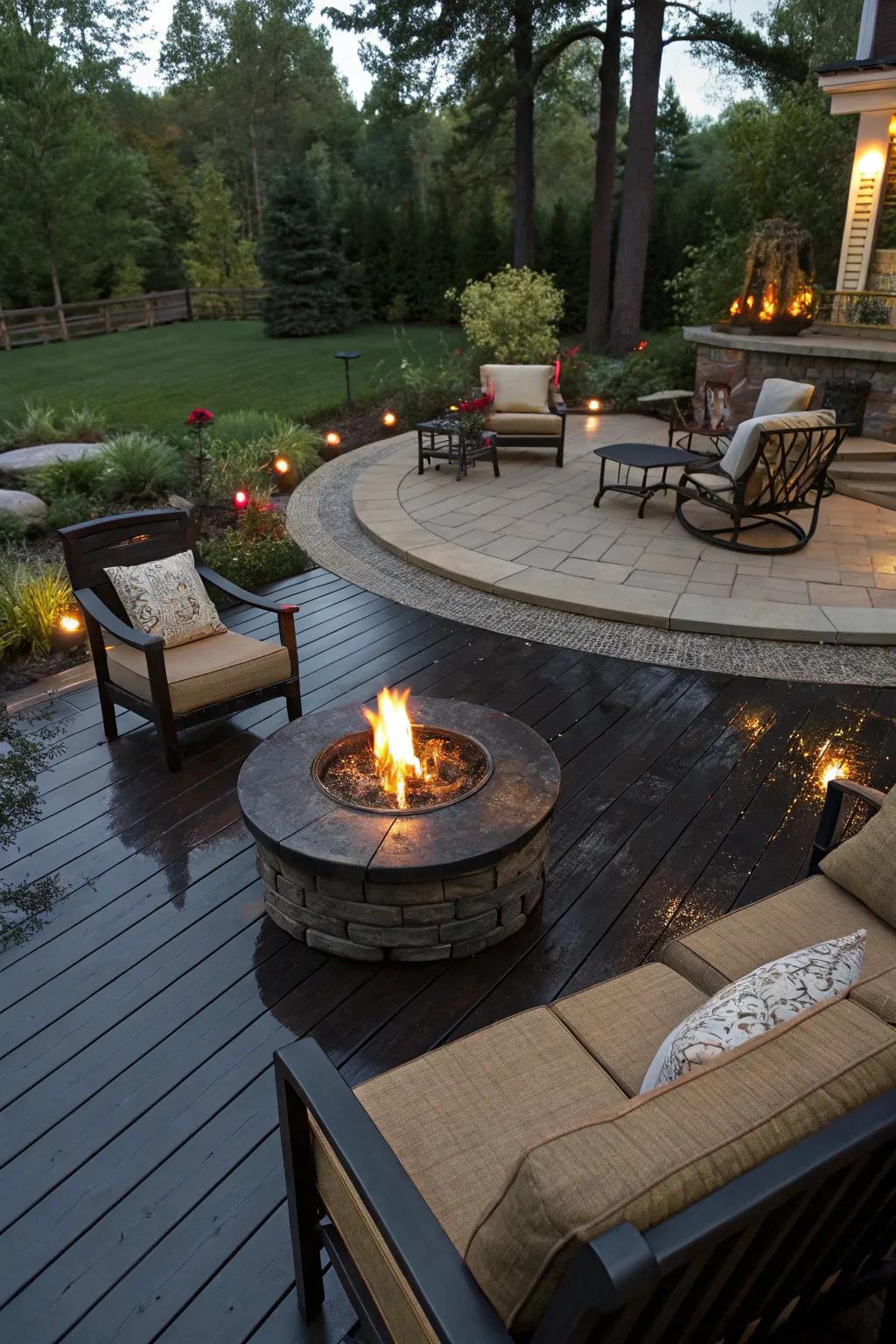 A patio featuring a dramatic dark tinted fire pit area.