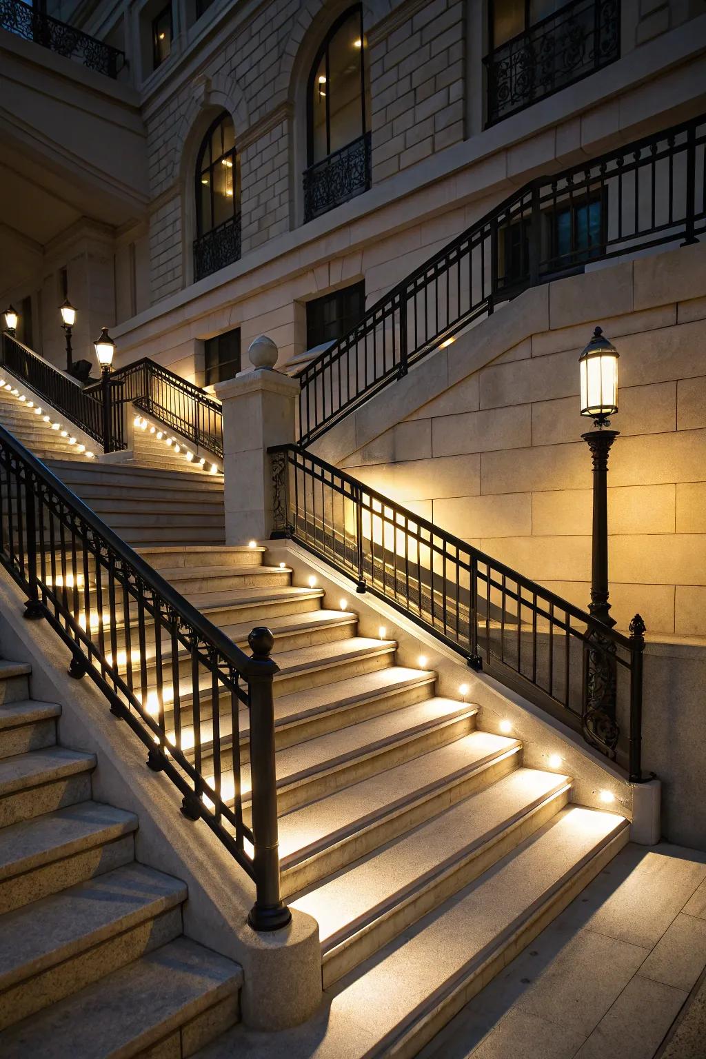 Track lighting highlights the staircase railings.