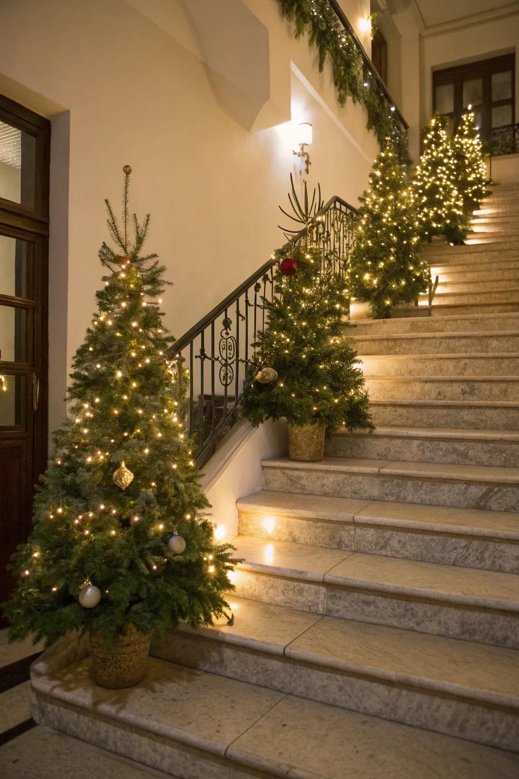 Petite holiday evergreens establish a welcoming entrance at the staircase base.