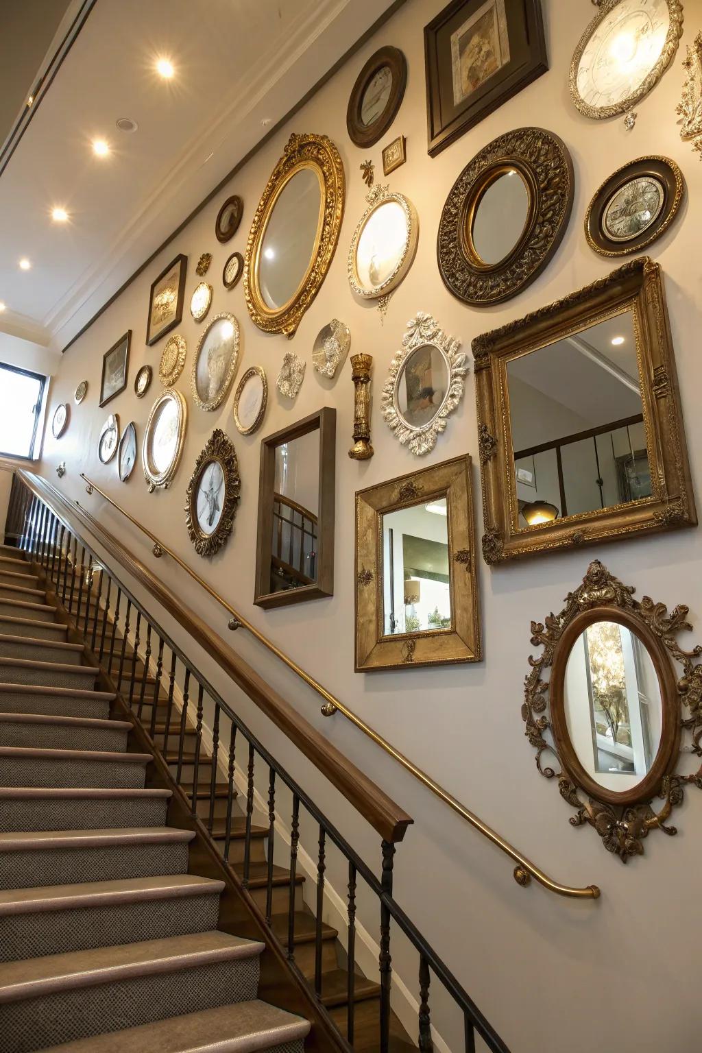 A personal collection display contributes character and shares your narrative on the staircase wall.