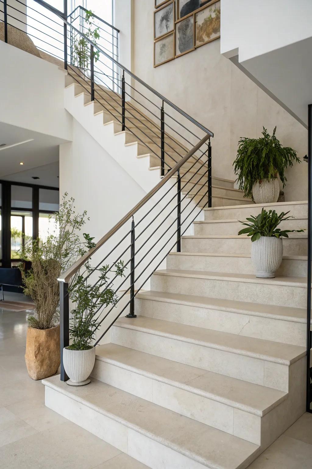 Highlight architectural elegance using simplified stair decor.