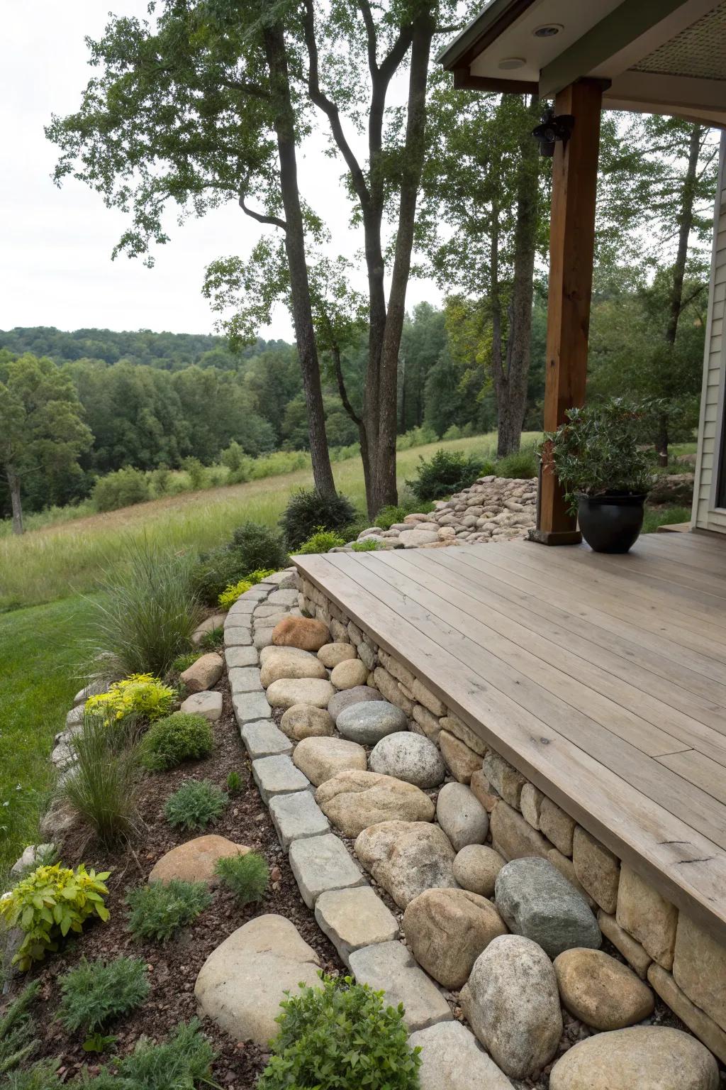 A serene deck with skirting that merges seamlessly with its natural backdrop.