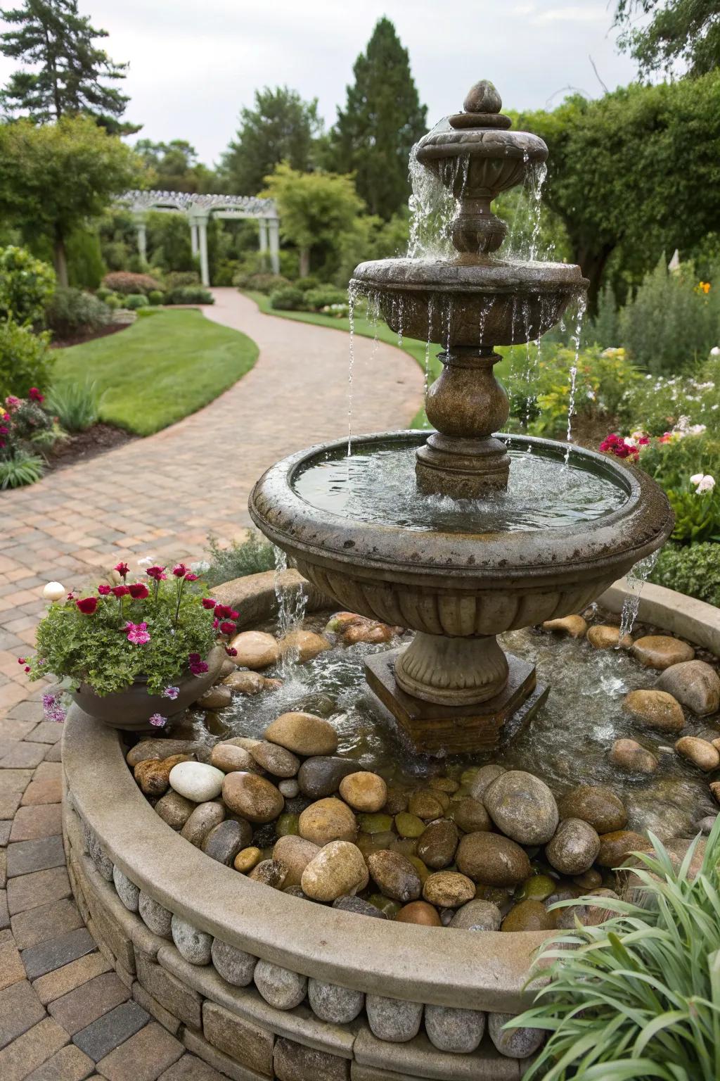 Decorative rocks enriching the texture of a garden fountain.