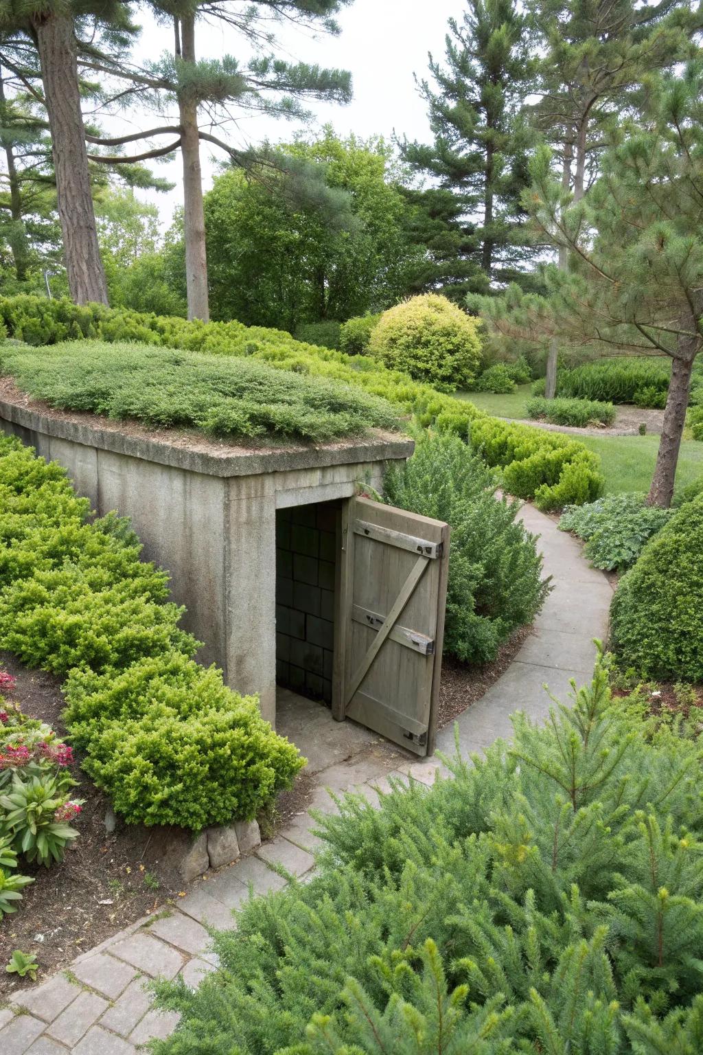 Always-green bushes offer continuous beauty and reduced maintenance surrounding the safe room.