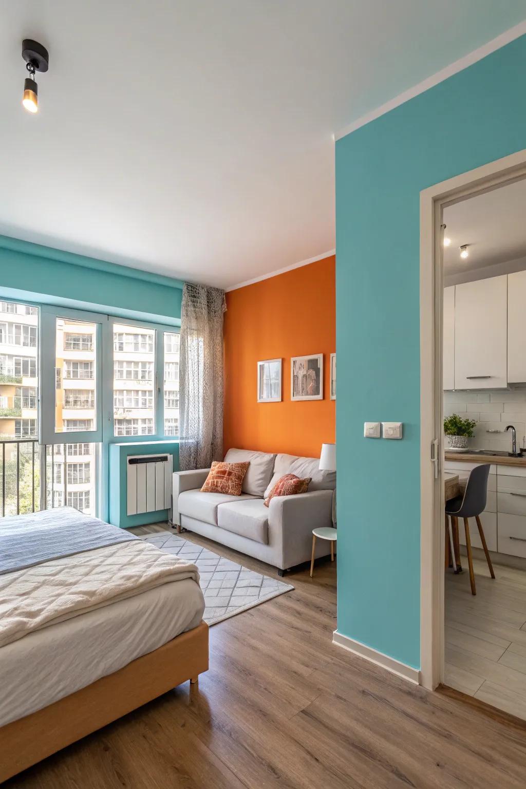 Wall hues subtly segregate diverse areas within a studio.