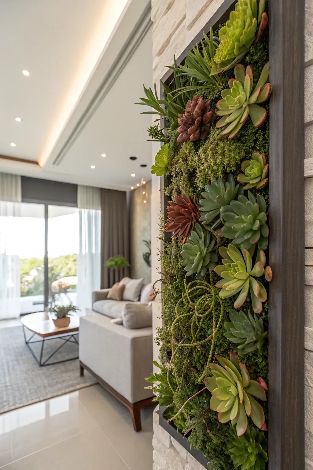 A perpendicular planter fashioning a lush succulent partition display.