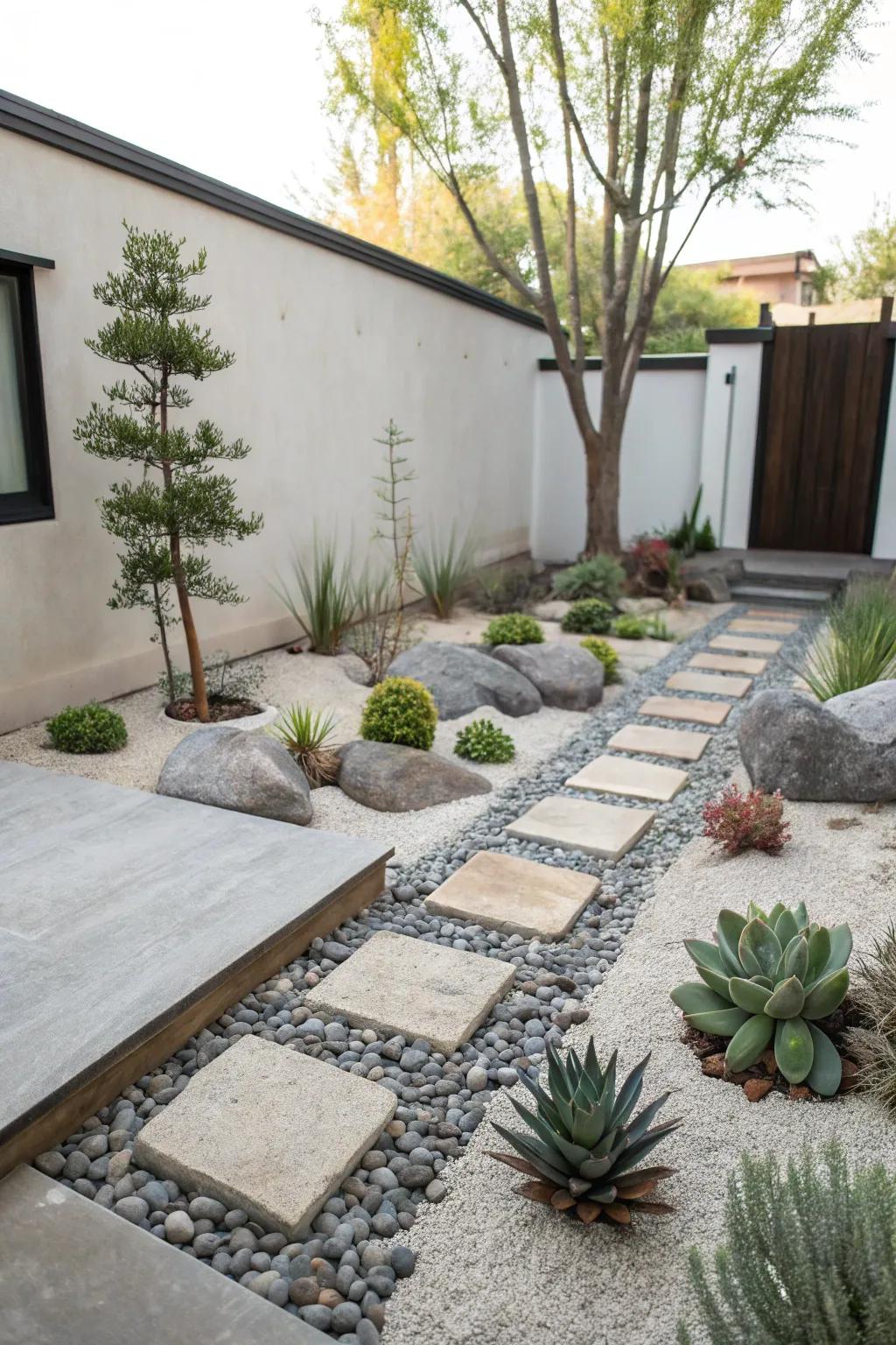 A serene Zen space featuring succulents and stone elements.