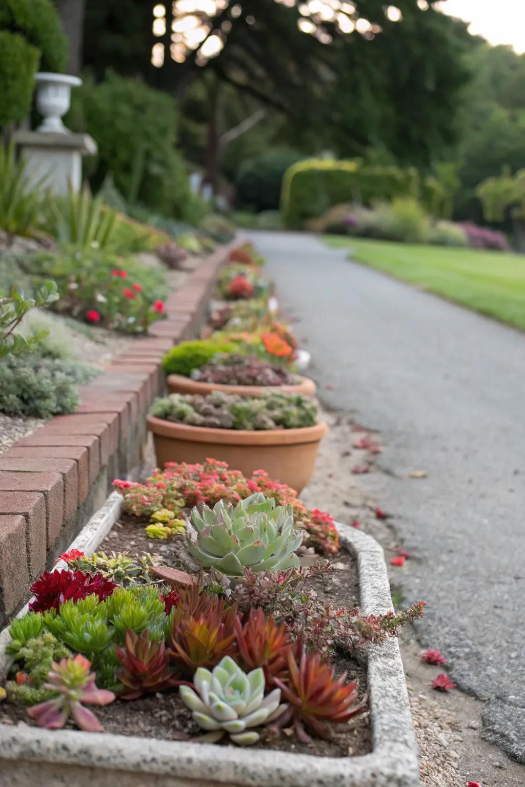 Succulent path displays add a guiding element to garden pathways.