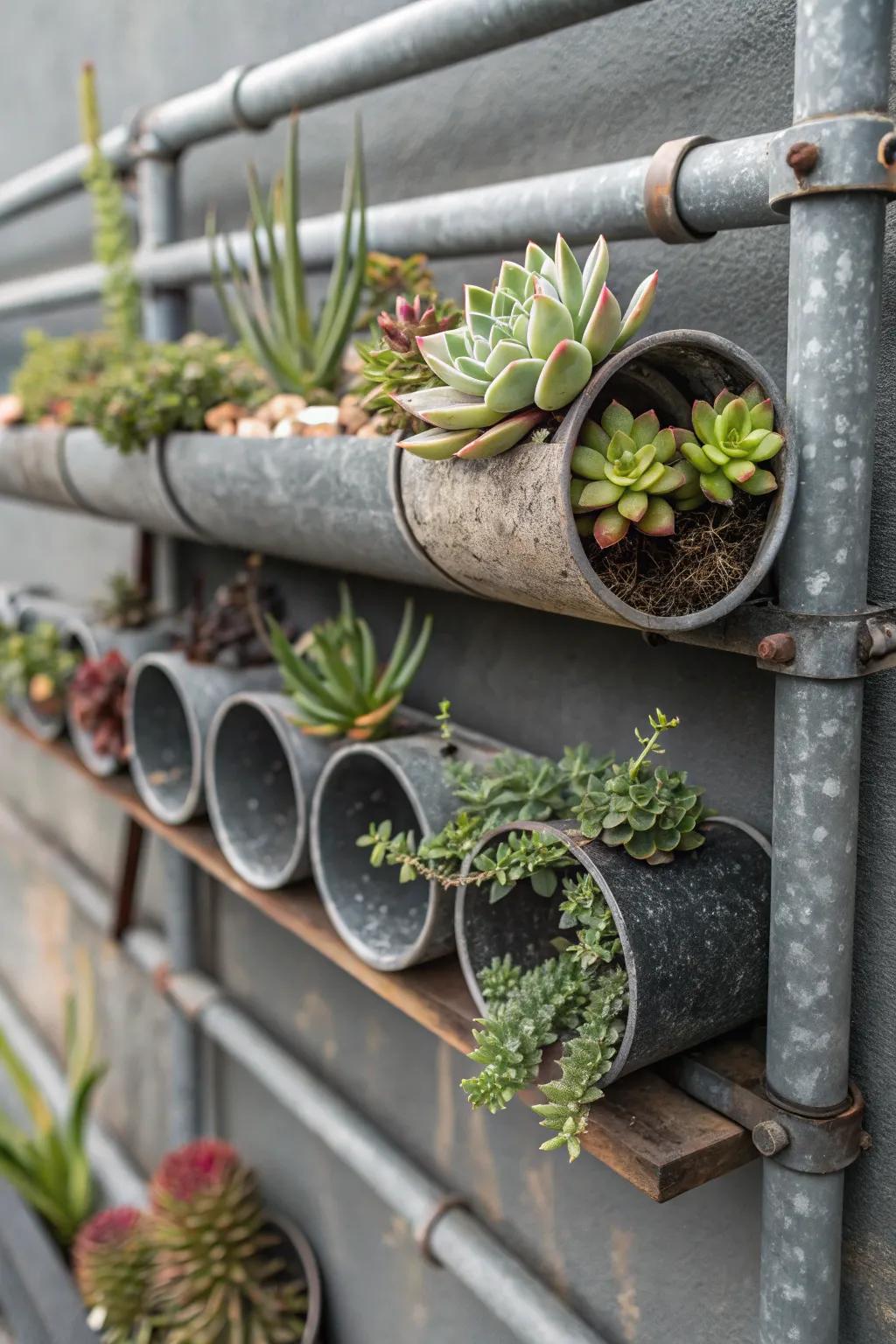 Mechanical conduit containers propose a daring, edgy visage for succulents.