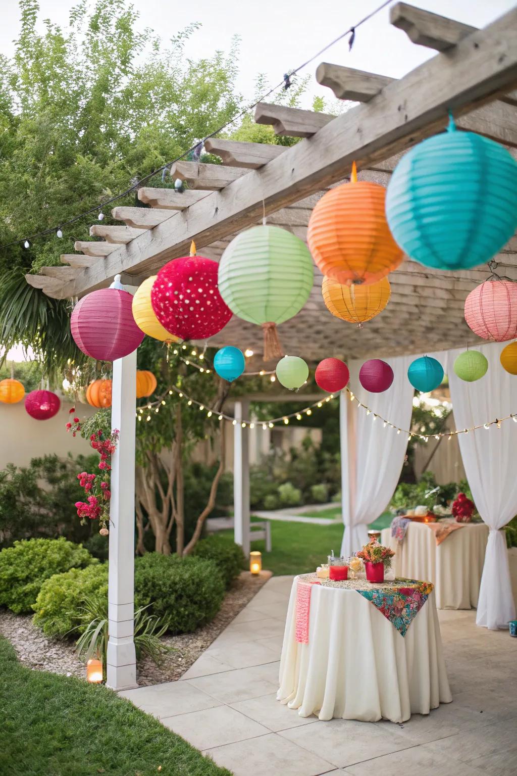 A festive sukkah featuring whimsical document lanterns that inject a burst of color.